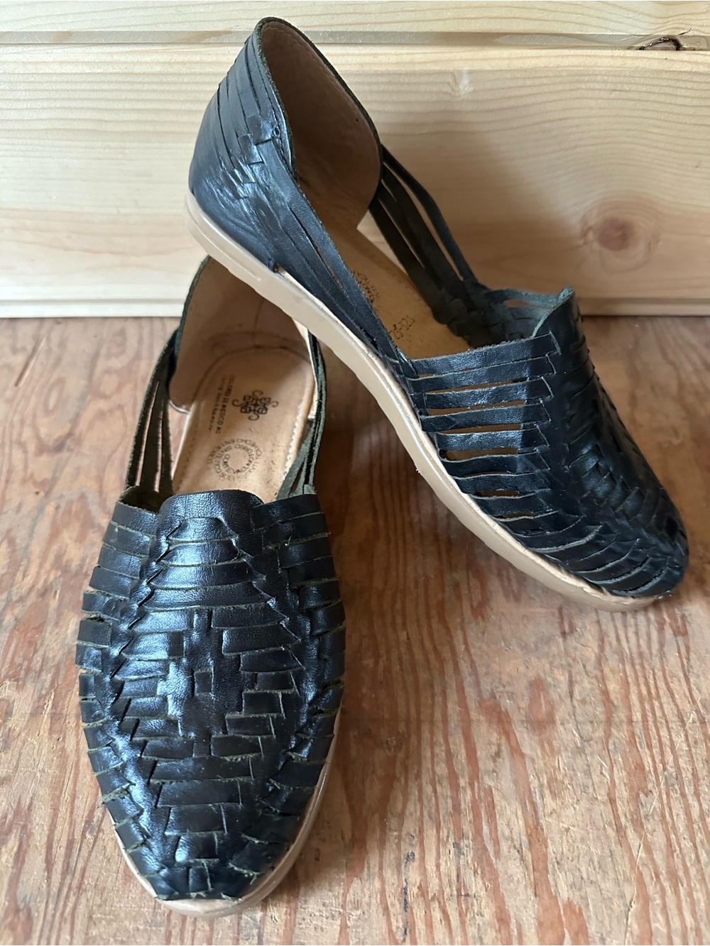 Handwoven Leather Black Huaraches Rubber Sole Colores De Mexico⁠ Sz 8 (Mex 25)